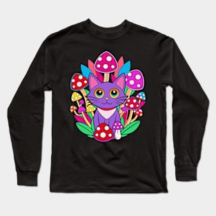 Purple trippy cat and mushrooms Long Sleeve T-Shirt